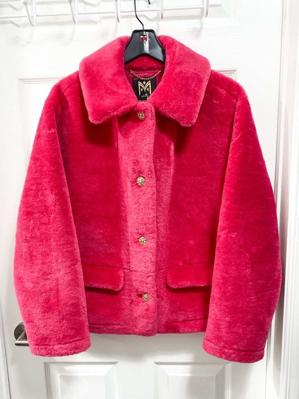 NWT - Milly Hot Pink Faux Fur Button-Front Coat with Gold Buttons